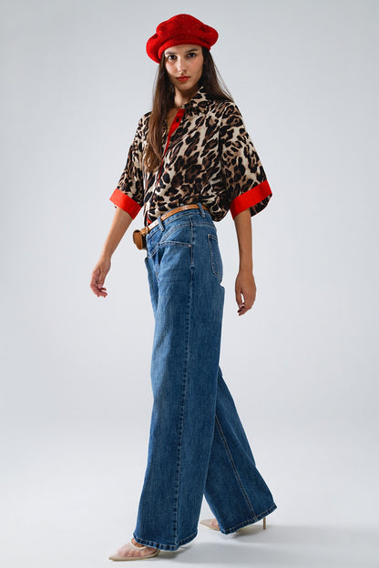 Leopard 3/4 Sleeves Shirt WIth Red Details