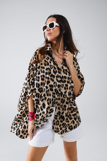 Q2 Leopard Print Oversize Shirt With 3/4 Long Sleeves