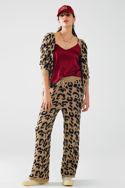 Leopard print pants with stretchy knit and drawstring detail