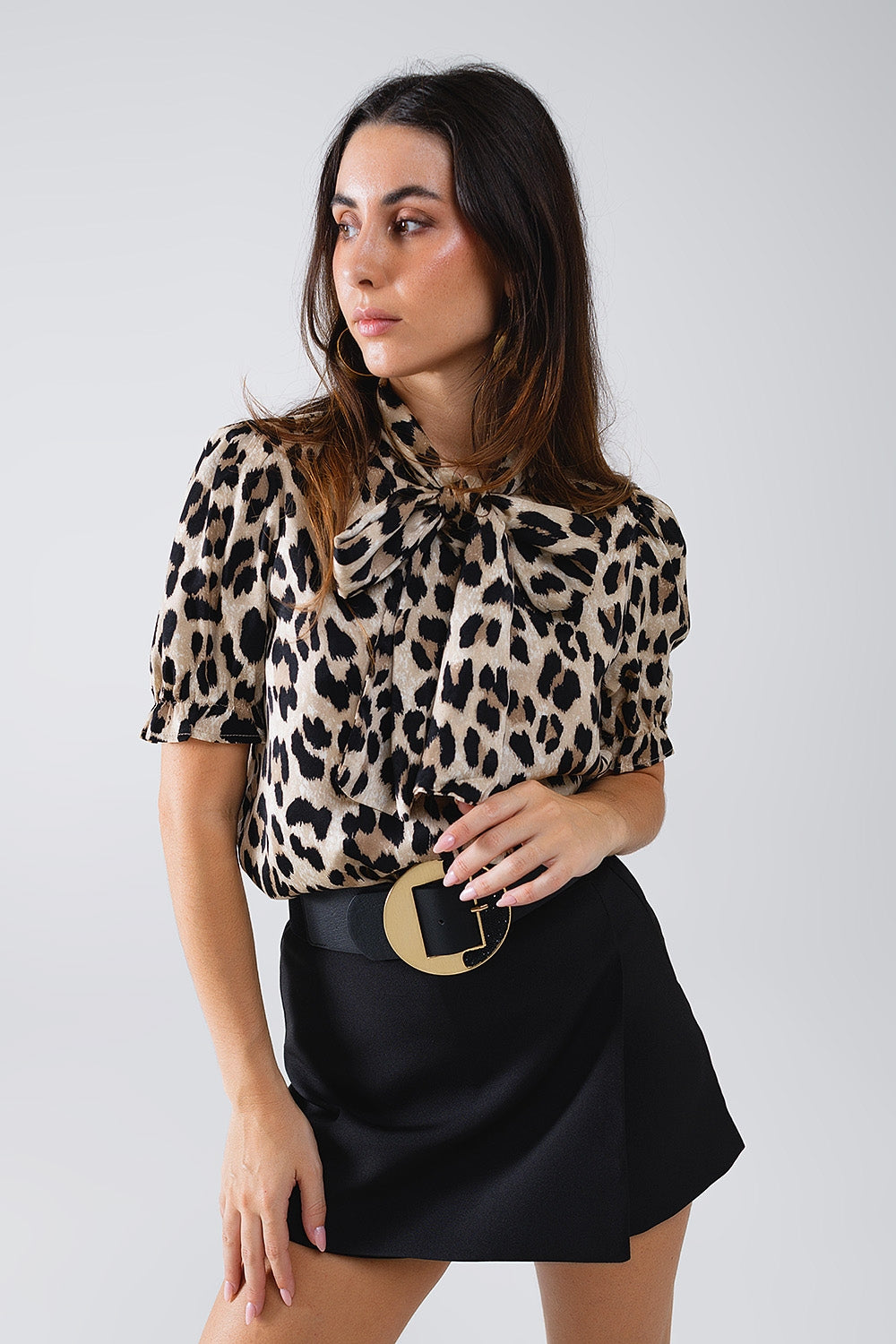 Q2 Leopard Print Tie-Neck Shirt With Puff Sleeves