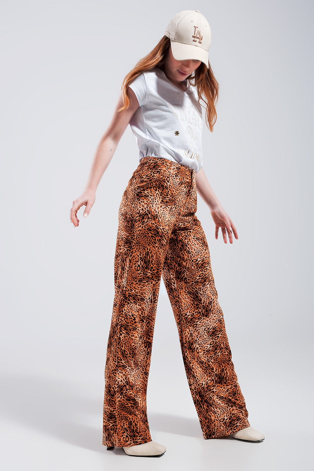 Leopard print wide leg pants in Brown