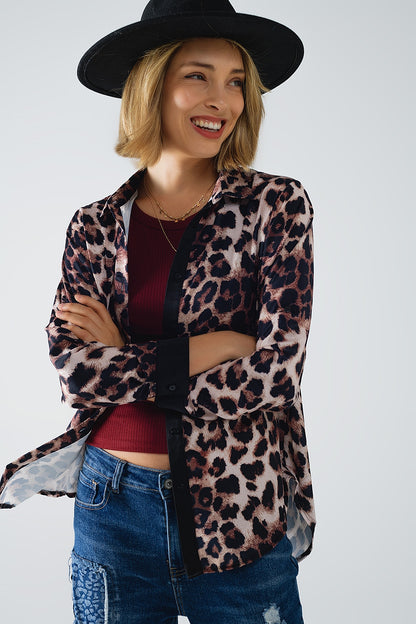 leopard shirt with black satin detail