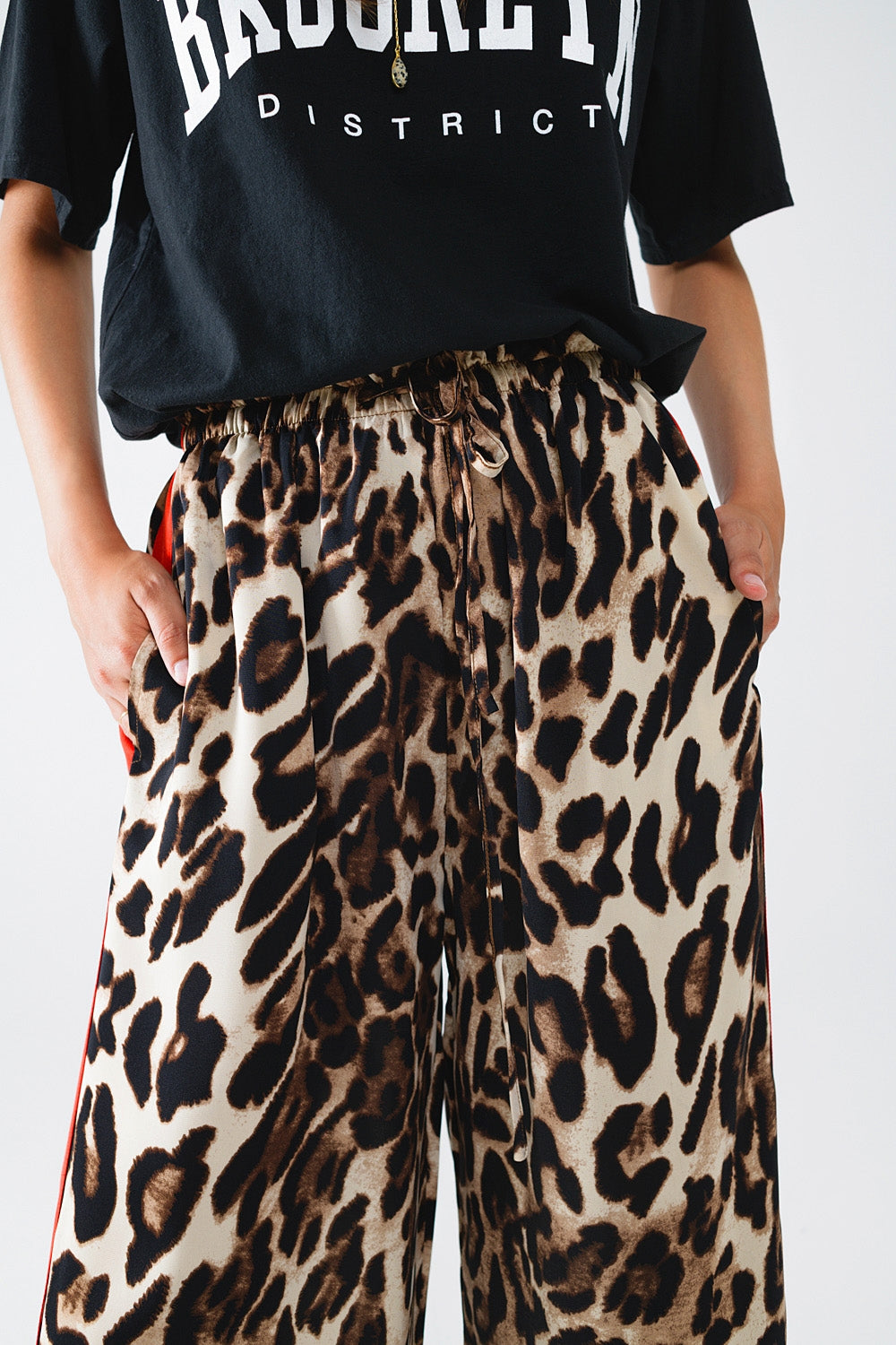 Leopard Straight Pants With Red Stripes Down The Sides