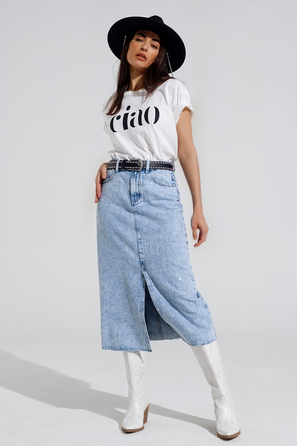 Light Denim Midi Skirt With Front Slit And Diamante Embellishment