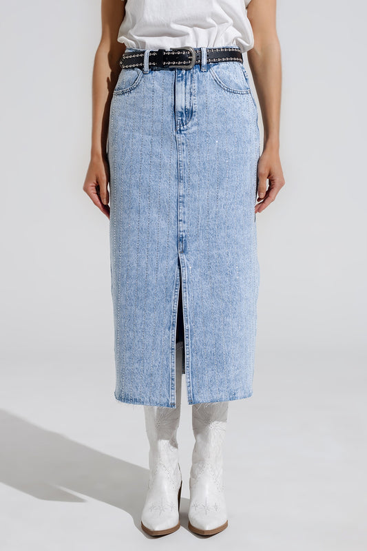 Q2 Light Denim Midi Skirt With Front Slit And Diamante Embellishment