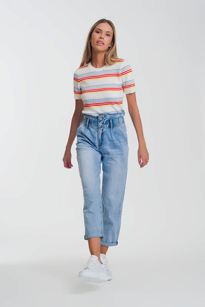 Light denim straight jeans with big waistband detail