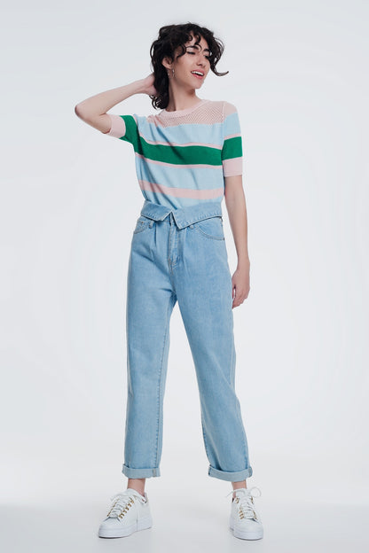 Light denim straight jeans with folded waist