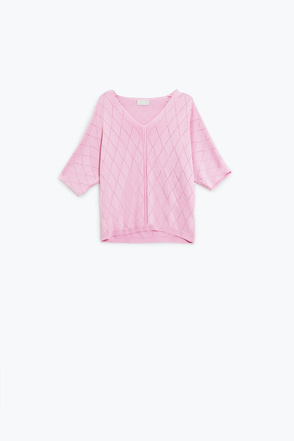 Light Pink Short Sleeve Sweater With Argyle Pattern