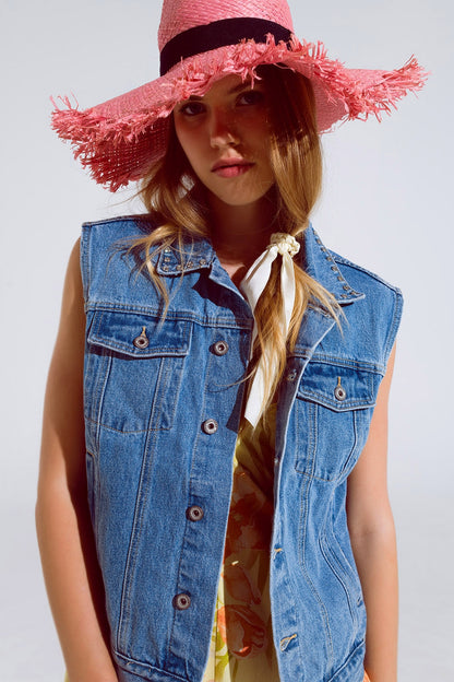 Q2 light wash denim vest with rhinestone detail on the collar