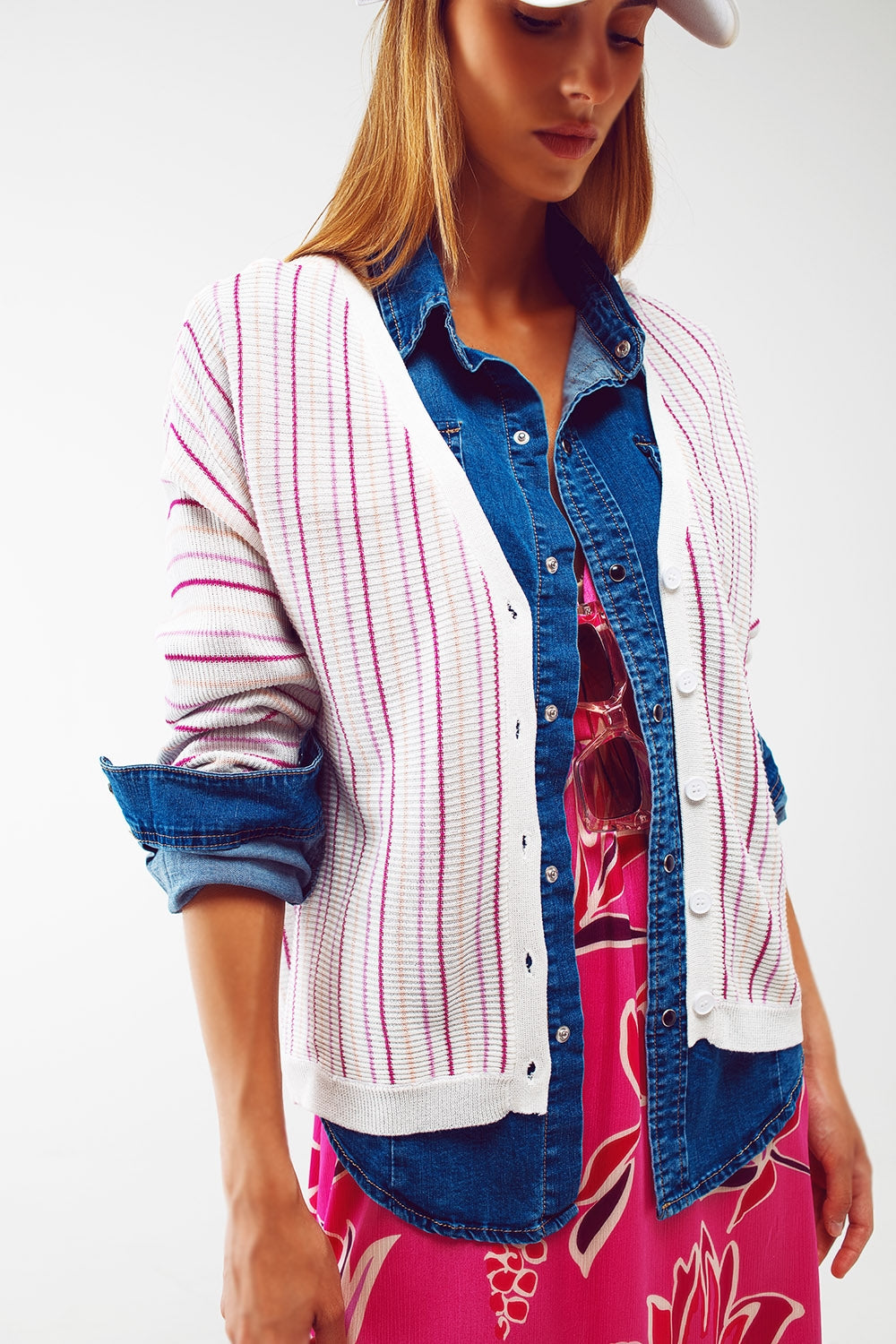 Lightweight knit cardi in pink stripe