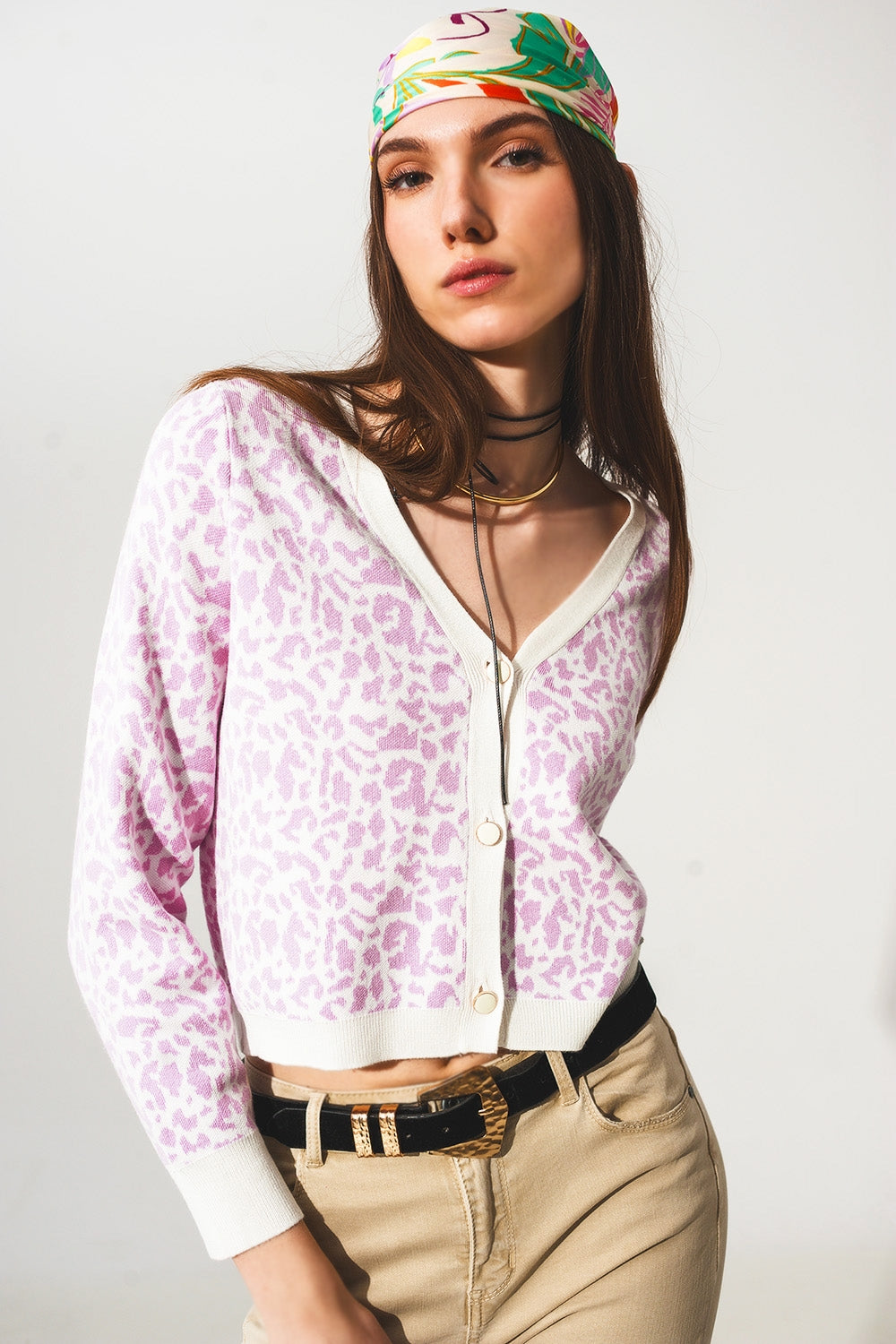 Lightweight knitted cardigan in lilac animal print