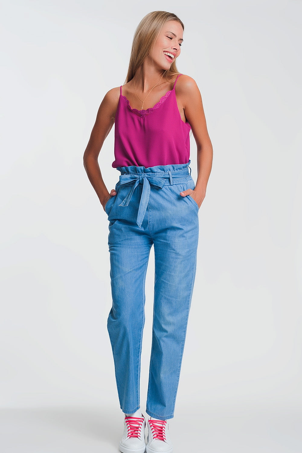 Lightweight Paperbag tie waist jean in light blue