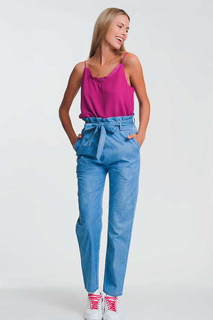 Lightweight Paperbag tie waist jean in light blue