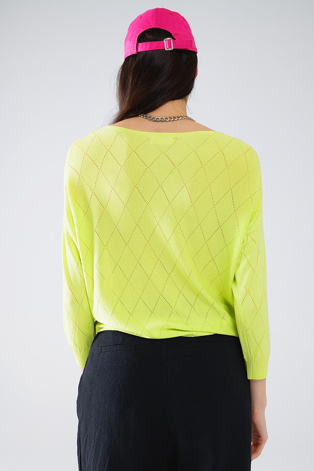 Lime Colored Sweater In Argyle Print With Boat Neck