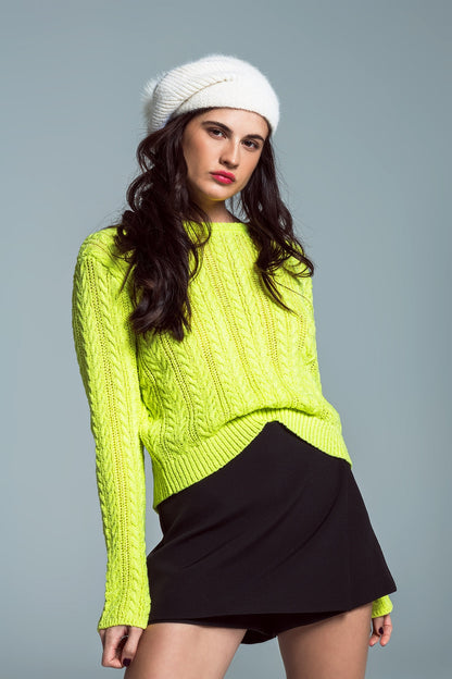 Lime green cable knit jumper with open back and bows