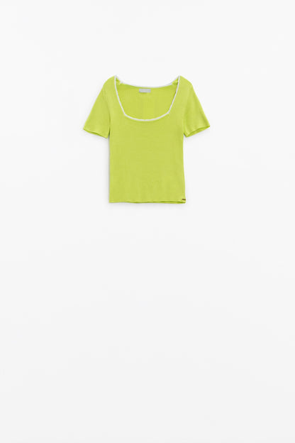 Lime Knitted Short Sleeve Sweater With Square Neck and White Trim