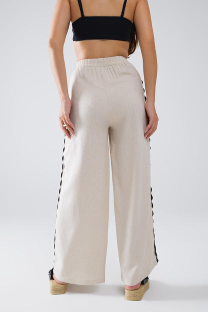 Linen Contrast Scallop Trim Pants in Beige