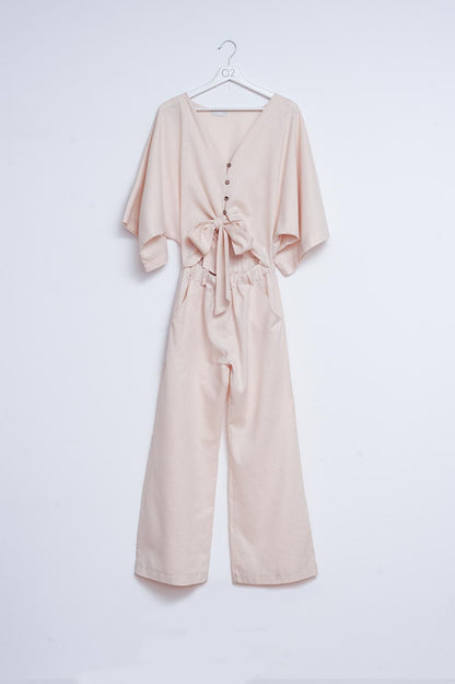 Q2 Linen Tie waist jumpsuit in beige