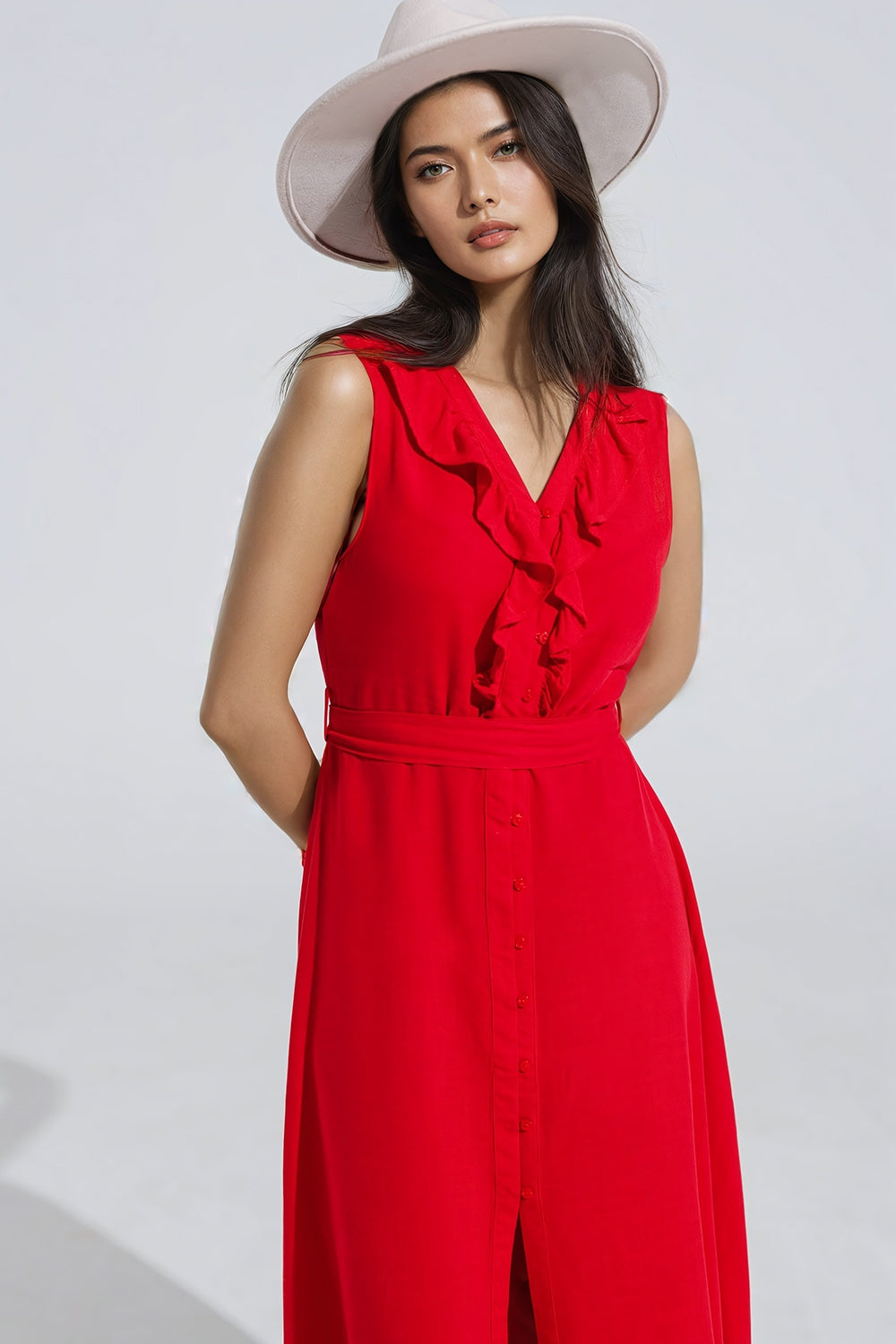 long red dress with ruffle and button detail