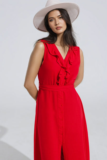 long red dress with ruffle and button detail