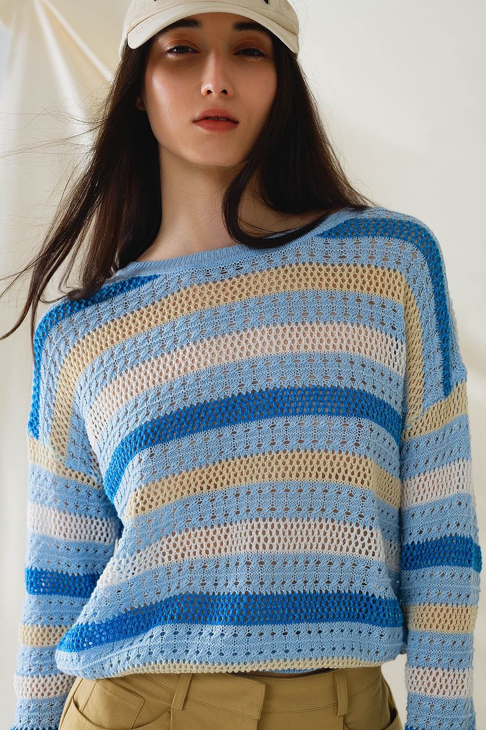 Q2 Long Sleeve Blue Multicolored Sweater With Boat Neck