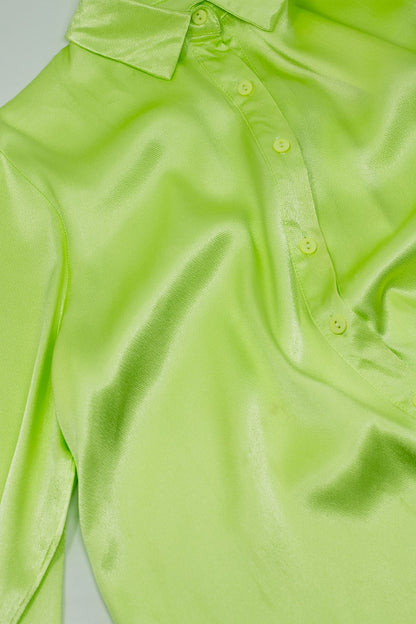 Long Sleeve Button Up satin Blouse With Polo Collar In The Color Lime