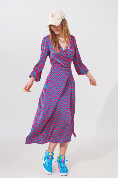 Long Sleeve Maxi Wrap Dress in Geo Print