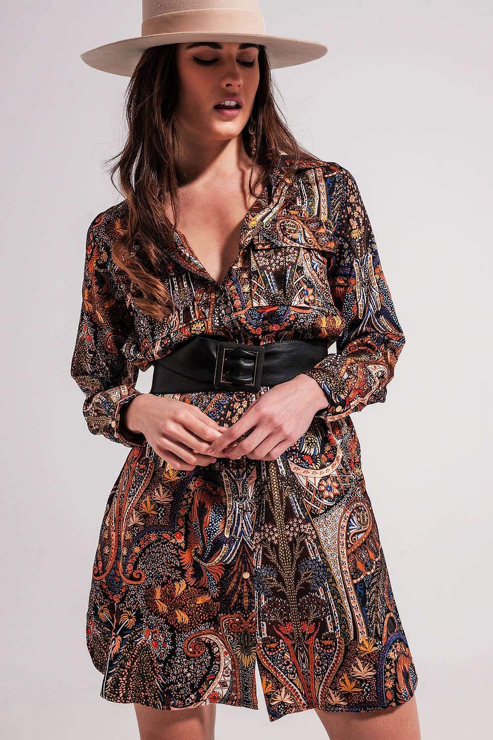 Long Sleeve paisley mini Dress in black