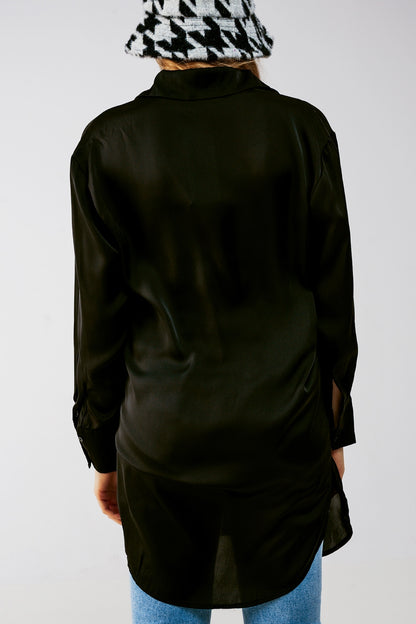 Long sleeve satin button front shirt in black