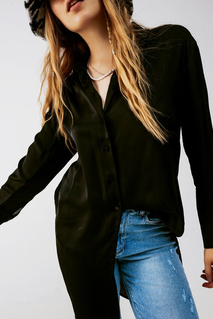 Long sleeve satin button front shirt in black