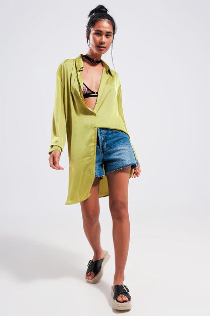 Long sleeve satin button front shirt in green