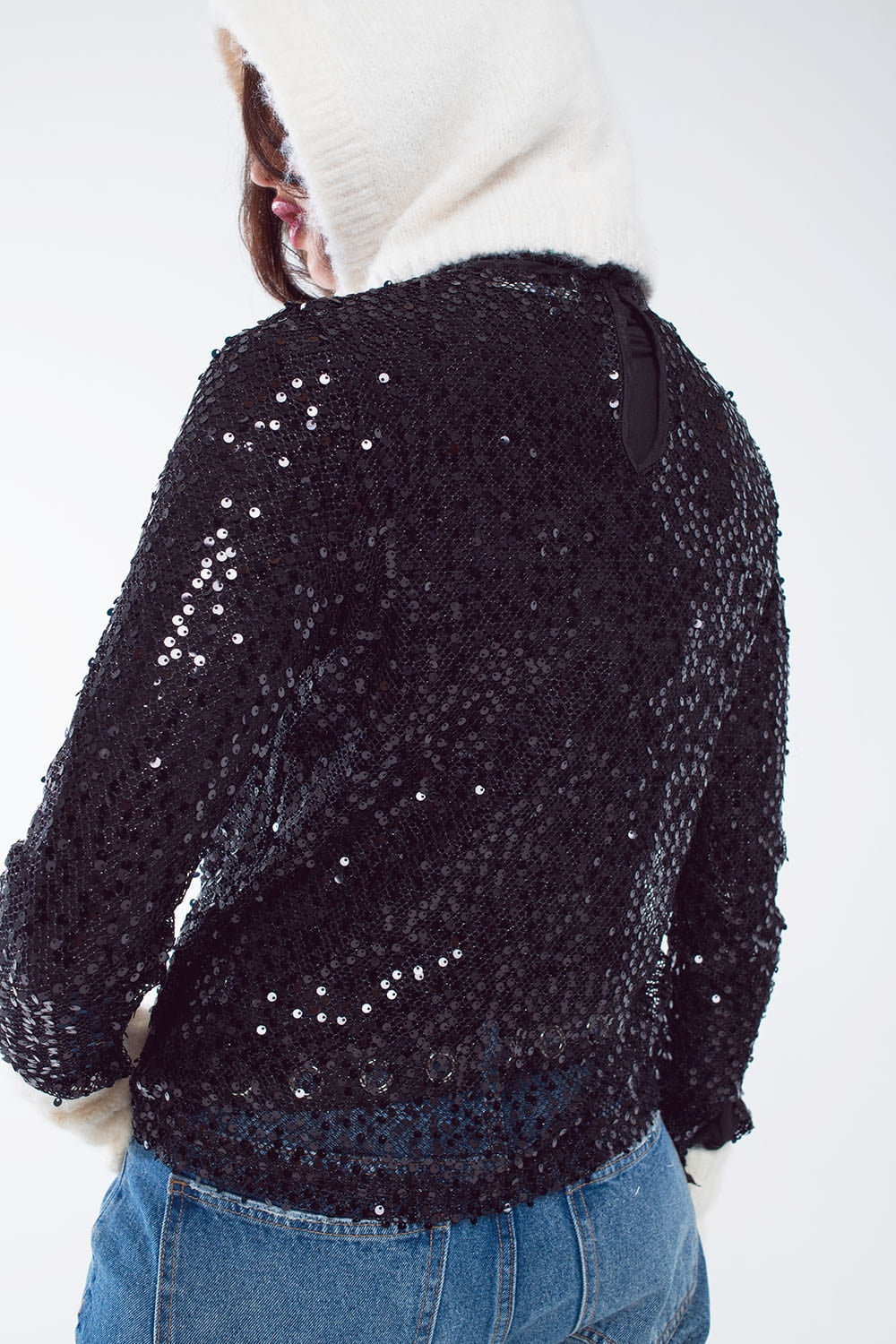 Long sleeve sequin top in black