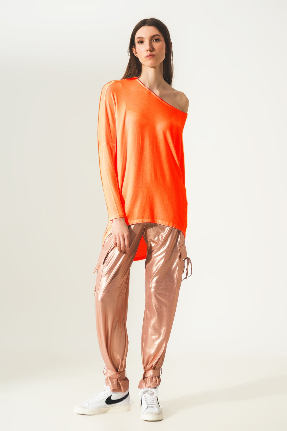 Long sleeve top in hot orange modal