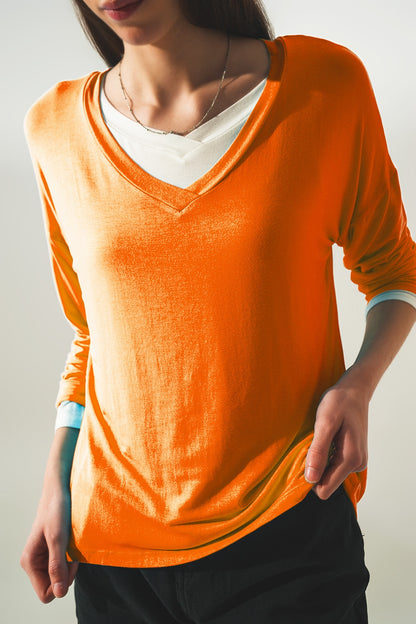 Long sleeve v neck top in modal in Orange