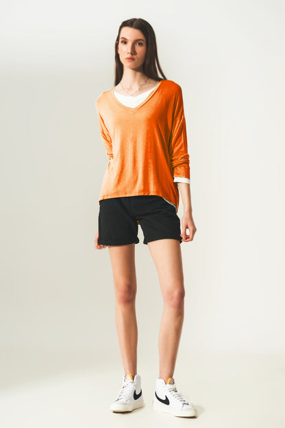 Long sleeve v neck top in modal in Orange