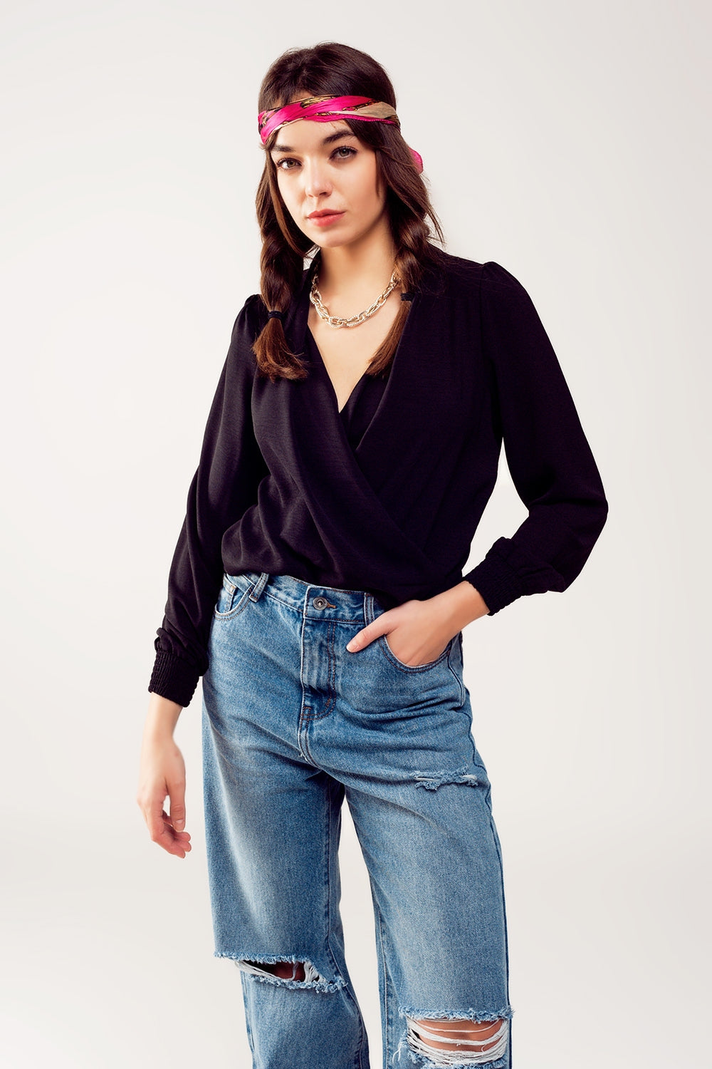 Long sleeved wrap satin blouse in black