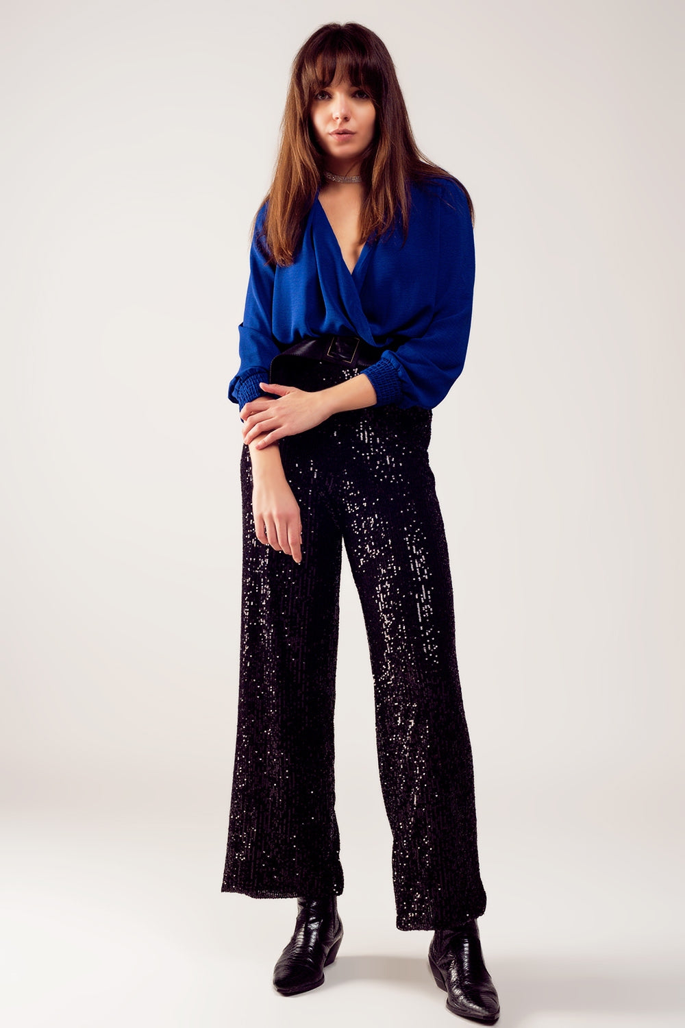 Long sleeved wrap satin blouse in blue