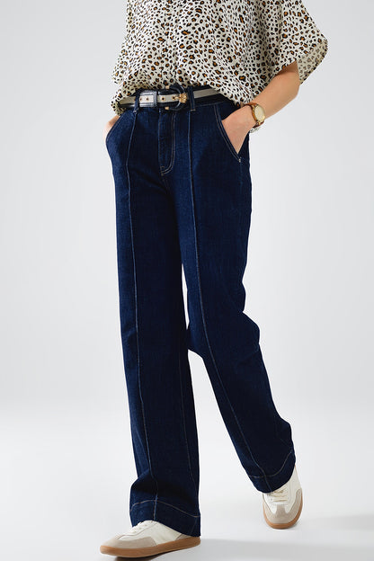 Long Straight Dark Blue Jeans With Contrast Stitching