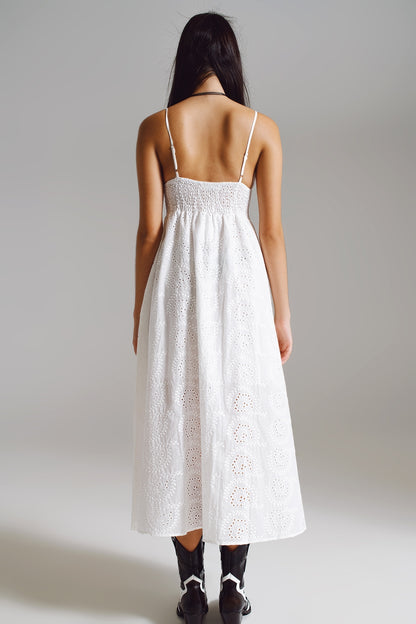 Long white crochet dress with fitted waist