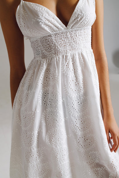 Long white crochet dress with fitted waist