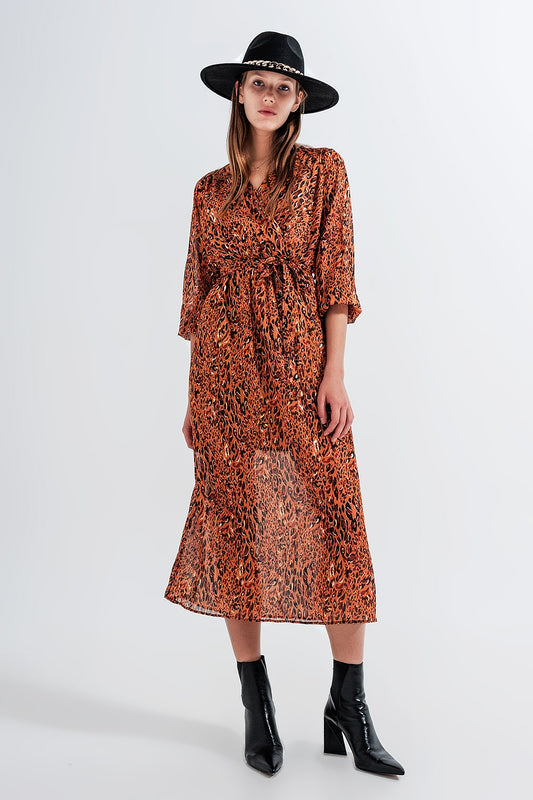 Q2 Long wrap dress in animal print