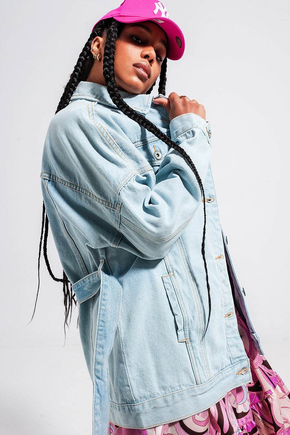 Longline denim jacket with belt in light blue wash