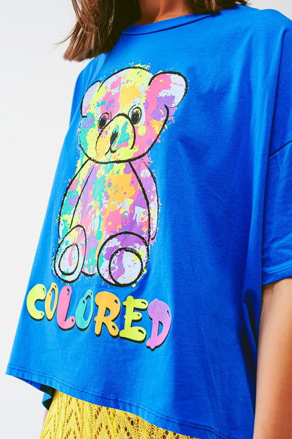 loose-fitting blue T-shirt with colored bear