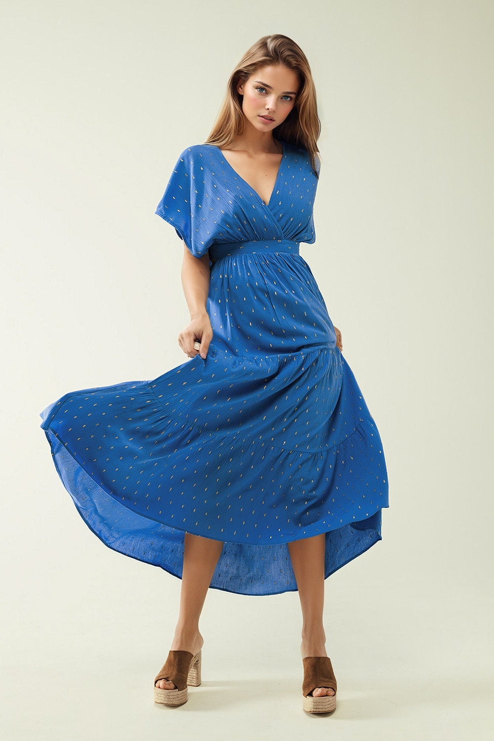 Q2 loose maxi blue dress sith golden details