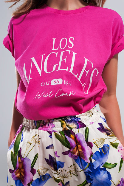 Los Angeles slogan t shirt in fuchsia