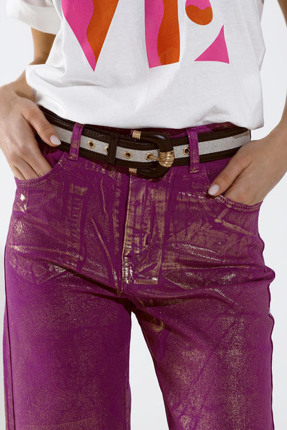 Magenta Wide Leg Jeans With Metallic Finish In Gold