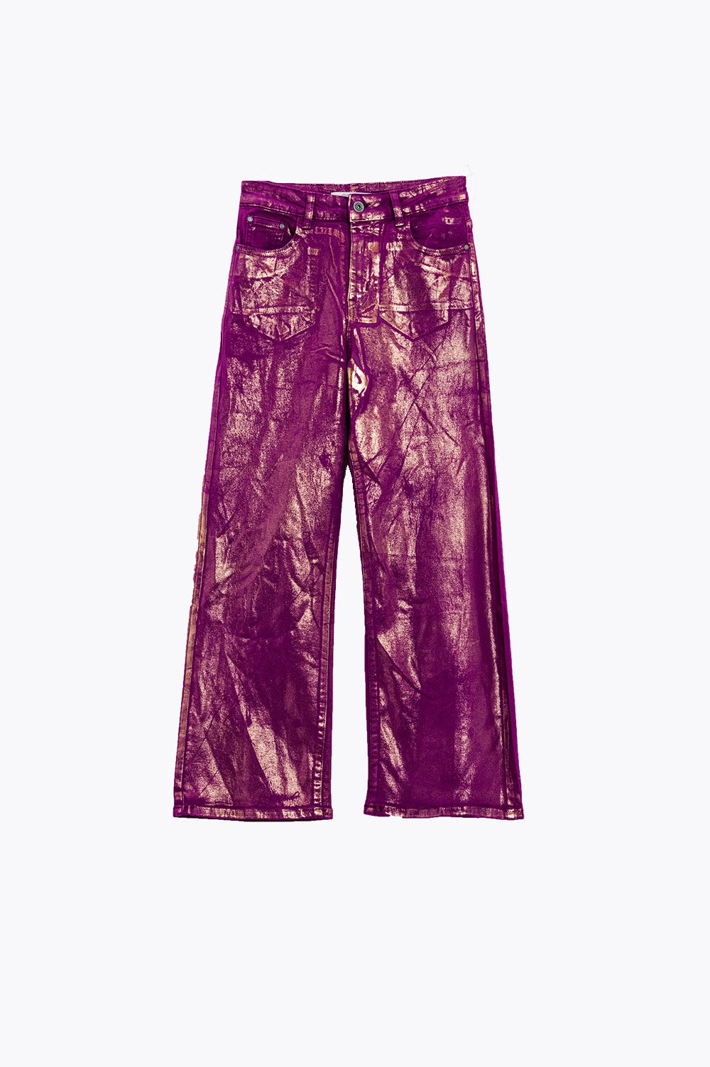 Magenta Wide Leg Jeans With Metallic Finish In Gold