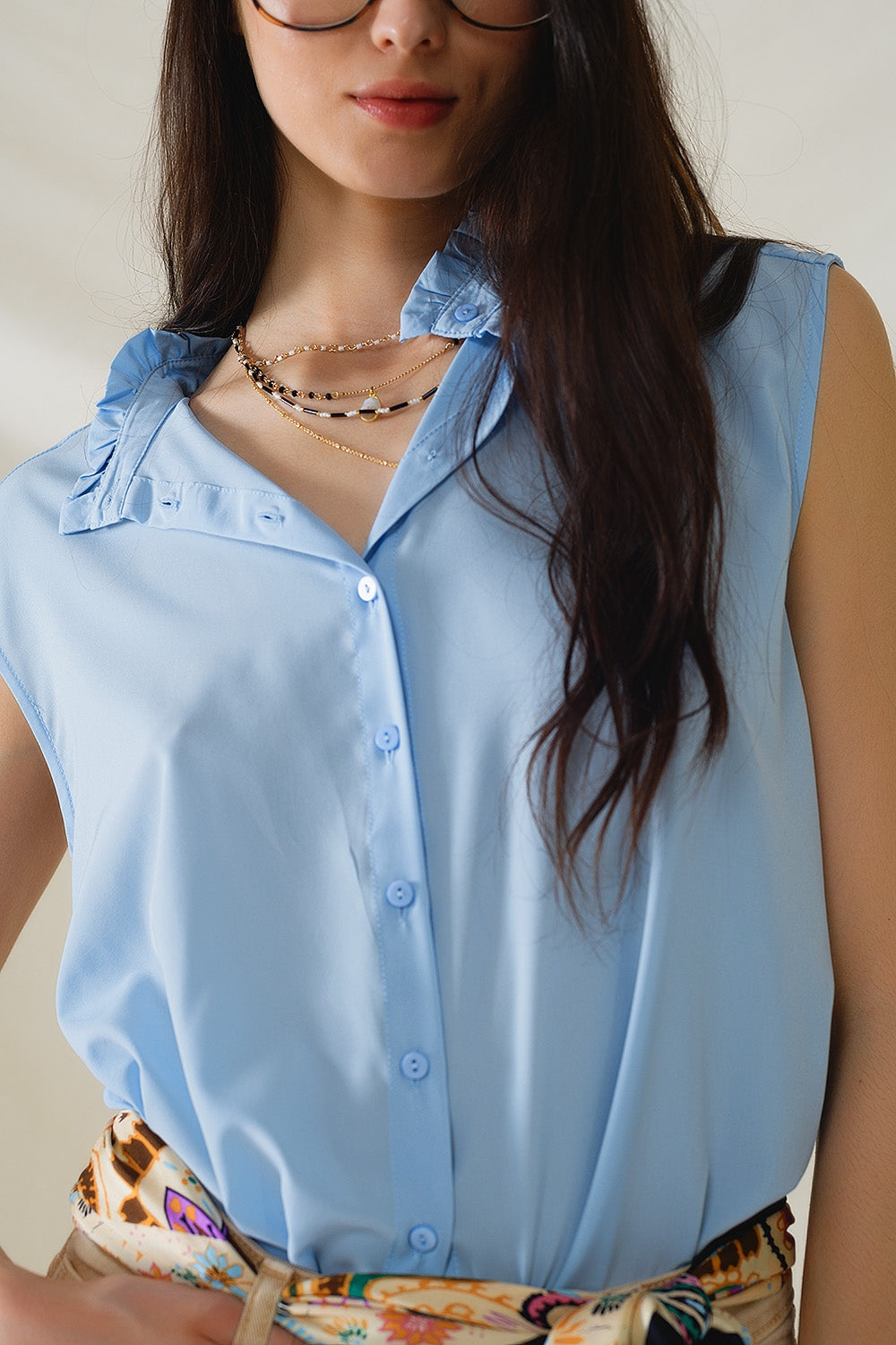 Mao Collar Sleeveless Blue Button up Blouse