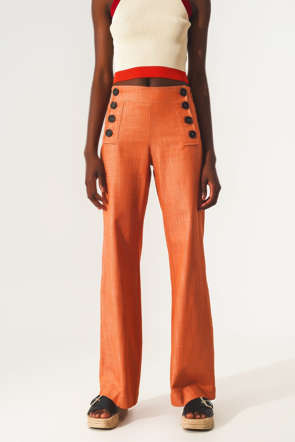 Q2 Marine button up wide leg pants in orange