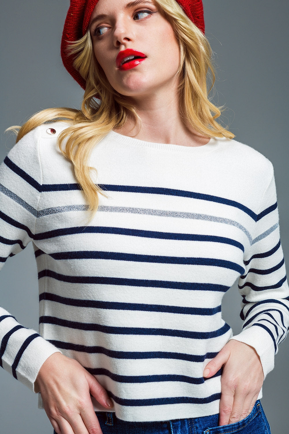 Marine Style Stripey Sweater With Button Detail At Shoulder